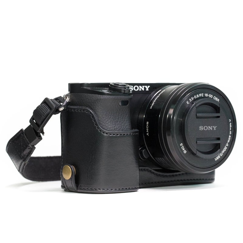 MegaGear MG960 Sony Alpha A6300  A6000 Ever Ready Leather Camera Half Case and Strap  with Battery Access  Black - Image 1